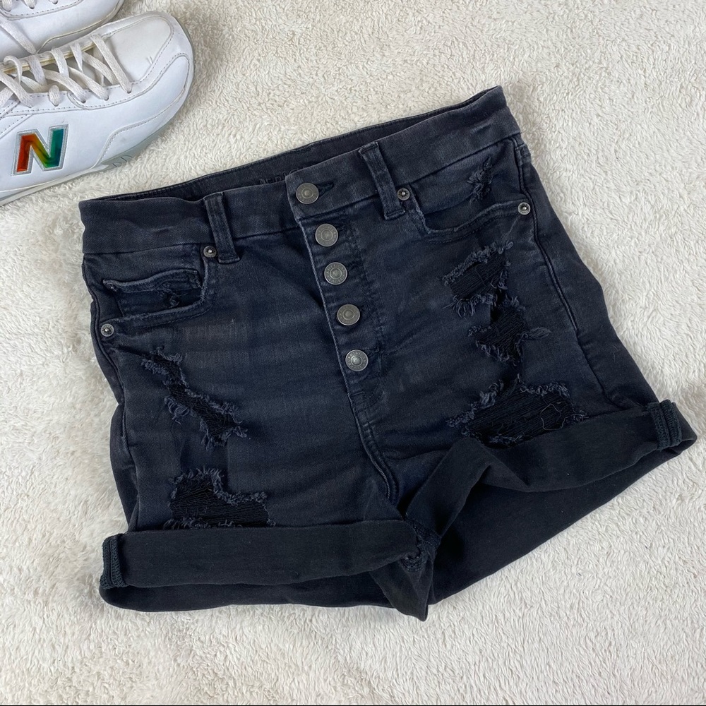 AE Curvy Super Hi Rise Shortie Black Jean Shorts 6